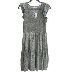 NWT Ann Taylor Loft Tall Green and White Cottagecore Floral Smoked Tiered Dress